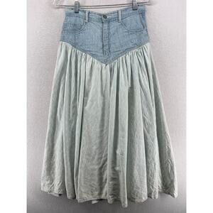 Vintage 80s Prairie Skirt 8 Denim Midi Southwestern A-Line Light Wash Blue